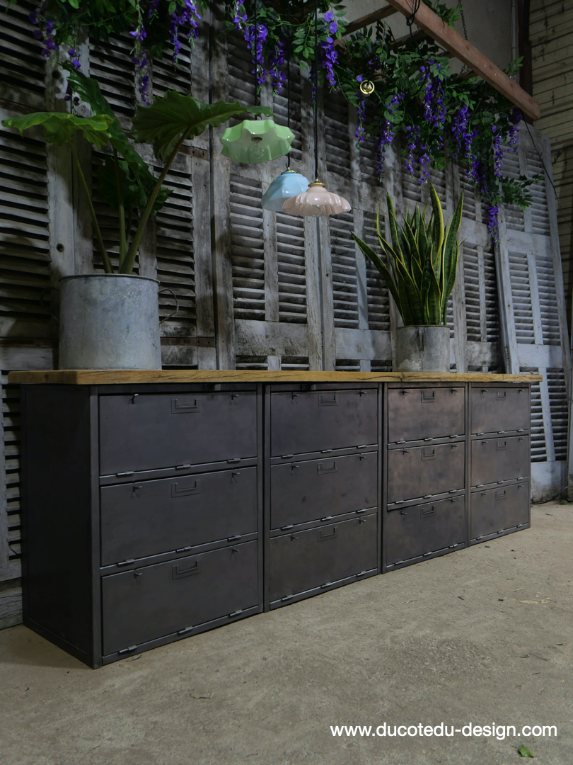 enfilade industrielle 12 compartiments atelier militaire plateau vieux chene massif – Image 2