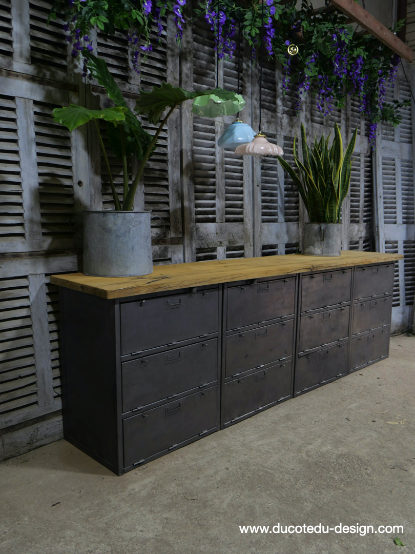 enfilade industrielle 12 compartiments atelier militaire plateau vieux chene massif – Image 20