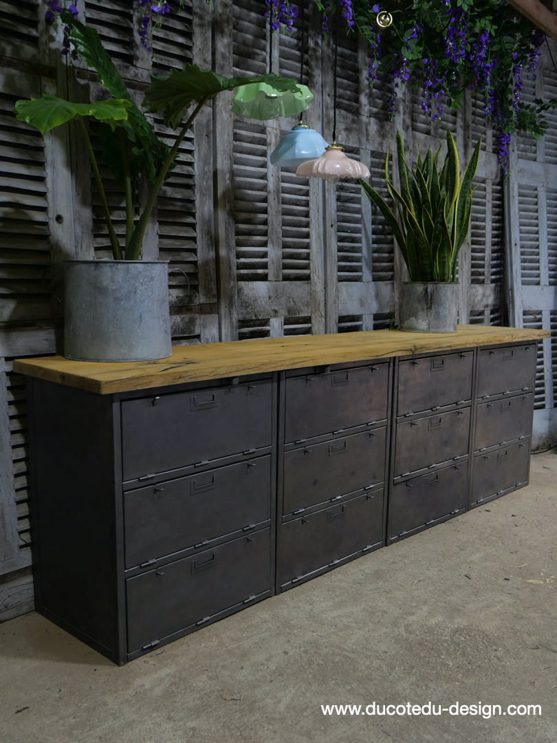 enfilade industrielle 12 compartiments atelier militaire plateau vieux chene massif – Image 21