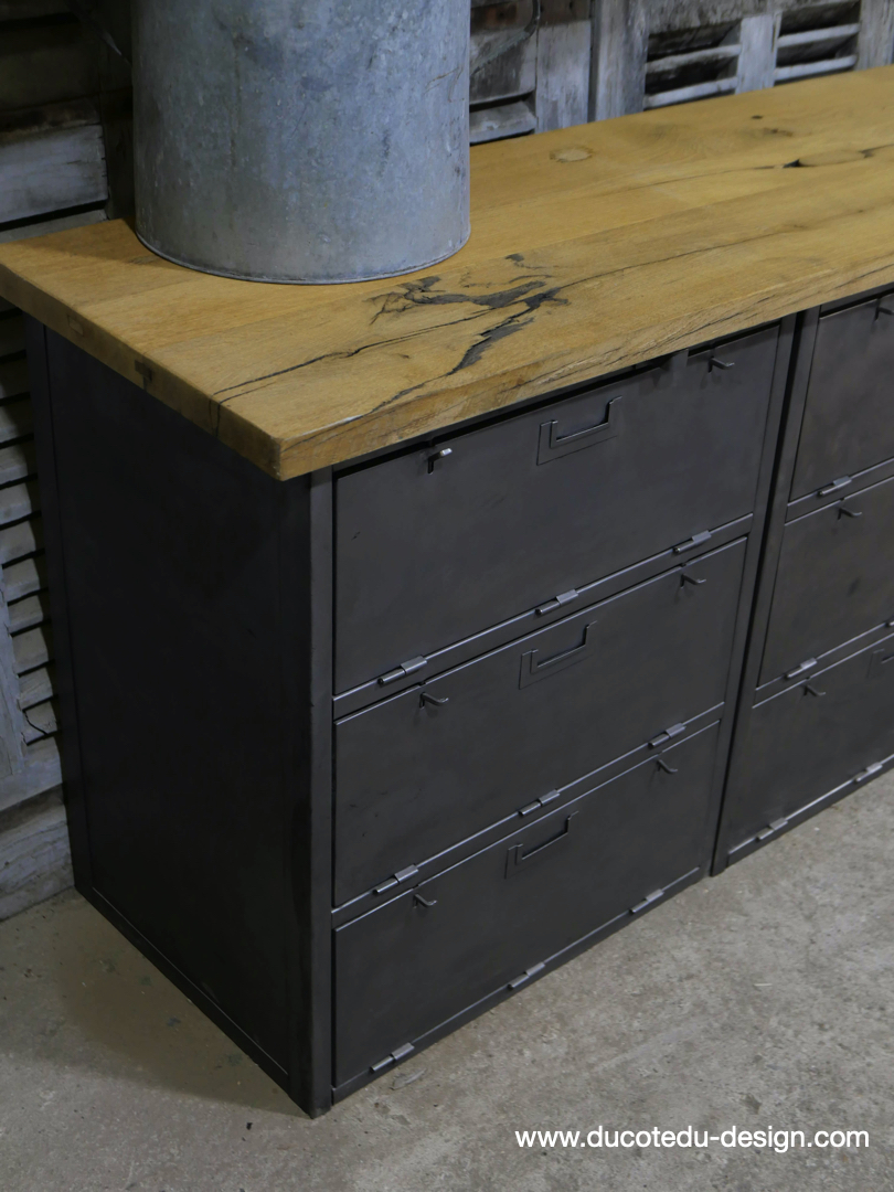 enfilade industrielle 12 compartiments atelier militaire plateau vieux chene massif – Image 3