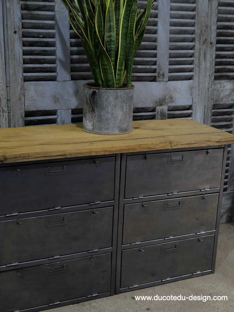 enfilade industrielle 12 compartiments atelier militaire plateau vieux chene massif – Image 5