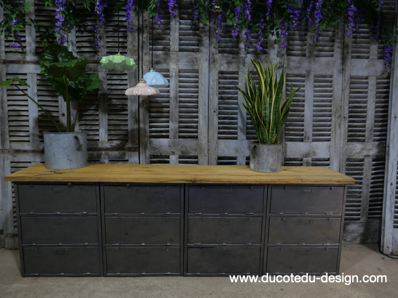 enfilade industrielle 12 compartiments atelier militaire plateau vieux chene massif – Image 6