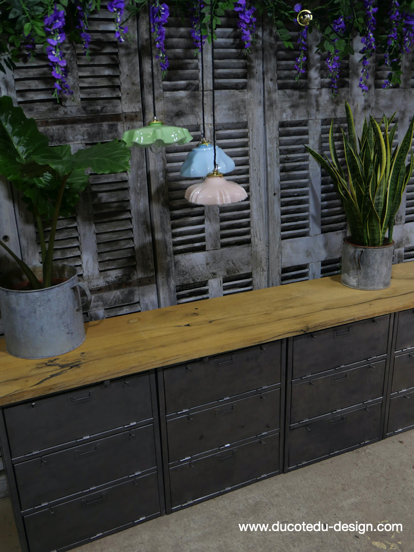 enfilade industrielle 12 compartiments atelier militaire plateau vieux chene massif – Image 7