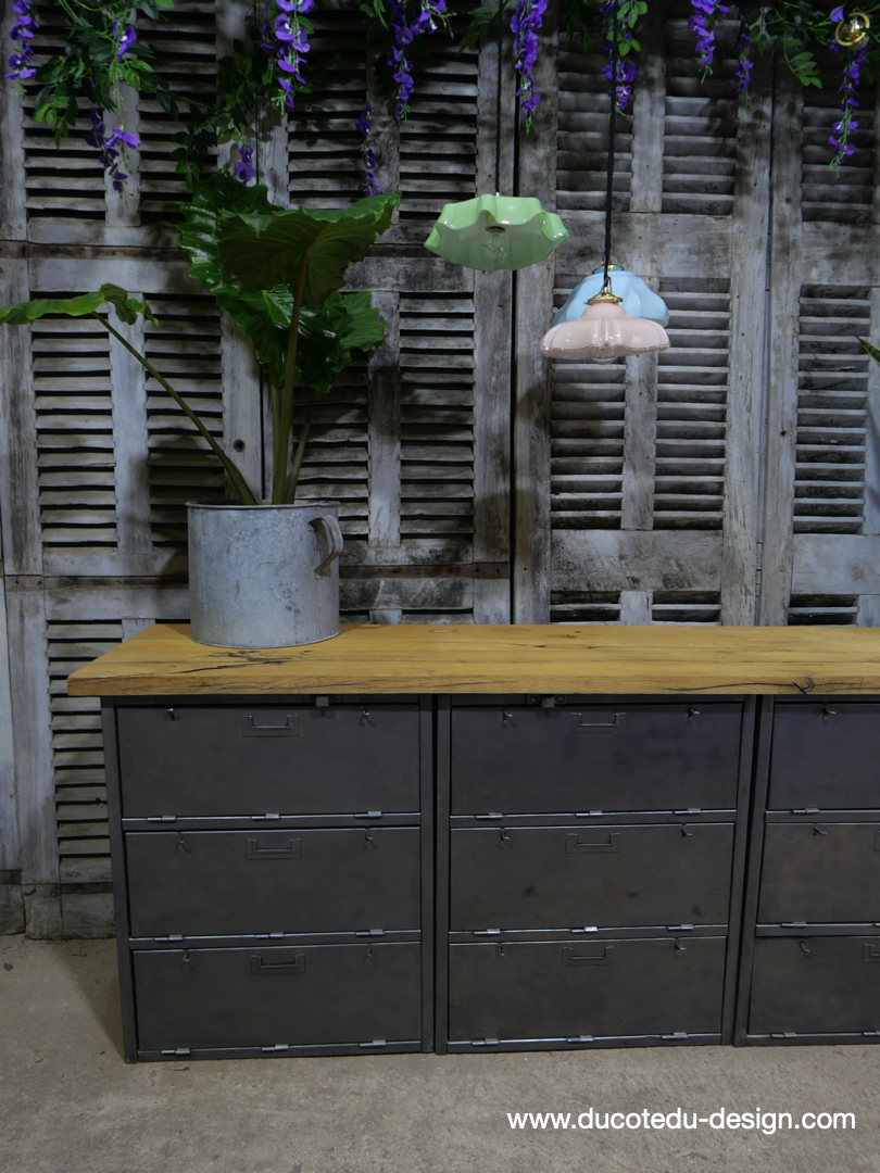 enfilade industrielle 12 compartiments atelier militaire plateau vieux chene massif – Image 8