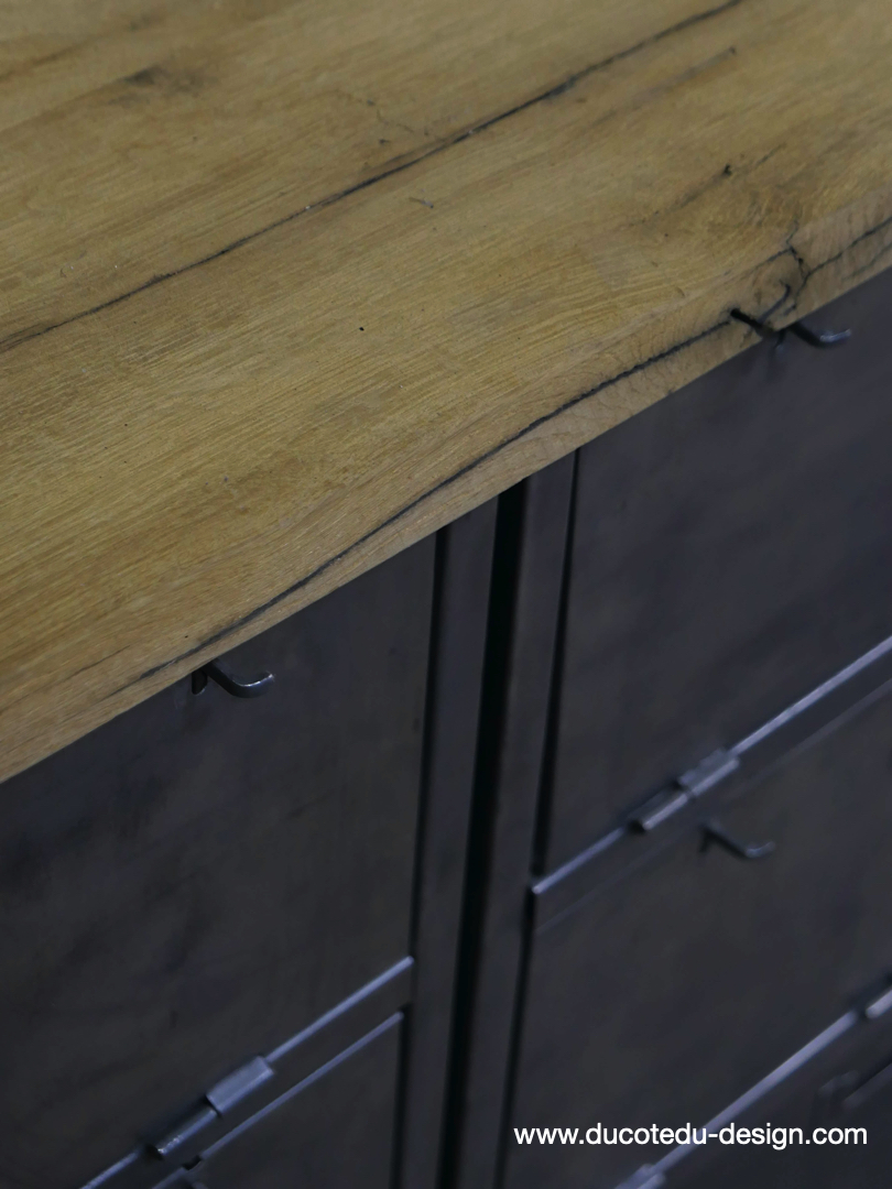 enfilade industrielle 12 compartiments atelier militaire plateau vieux chene massif – Image 13