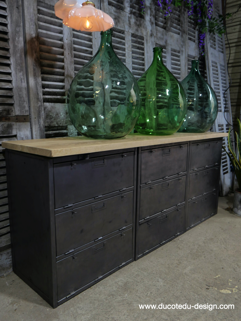 enfilade industrielle 12 compartiments atelier militaire plateau vieux chene massif – Image 17