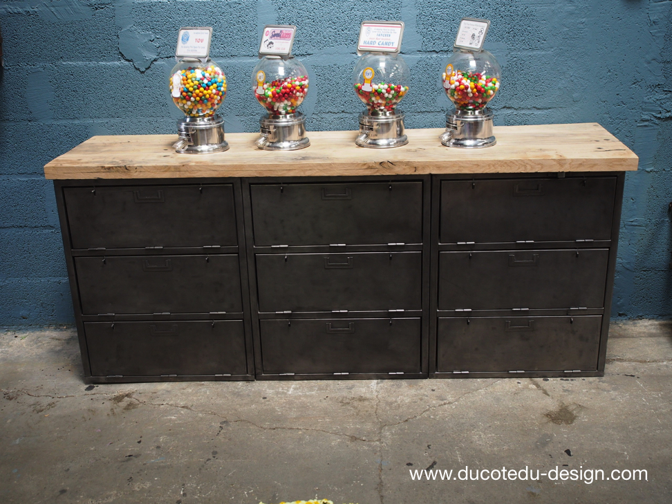 enfilade industrielle 9 compartiments atelier militaire plateau vieux chene massif – Image 4