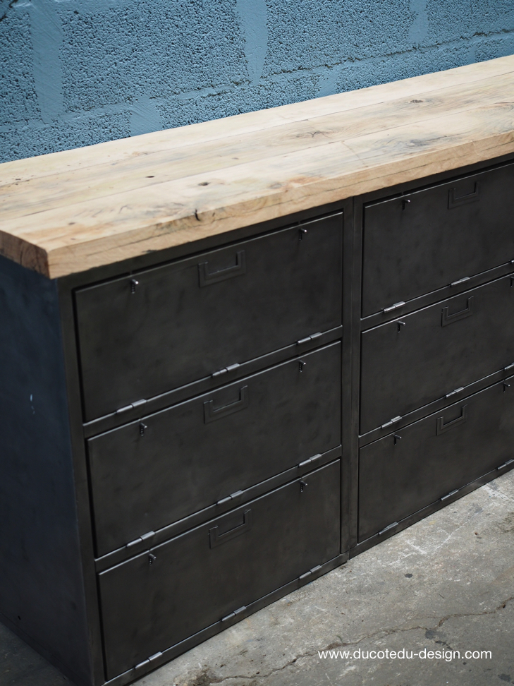 enfilade industrielle 9 compartiments atelier militaire plateau vieux chene massif – Image 10