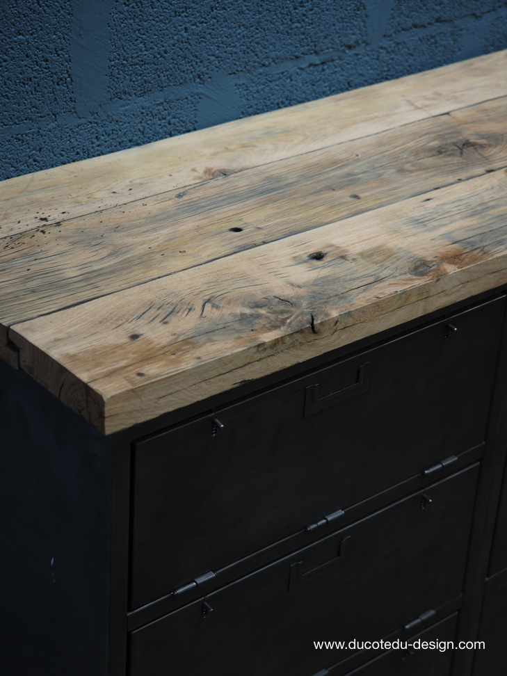 enfilade industrielle 9 compartiments atelier militaire plateau vieux chene massif – Image 11