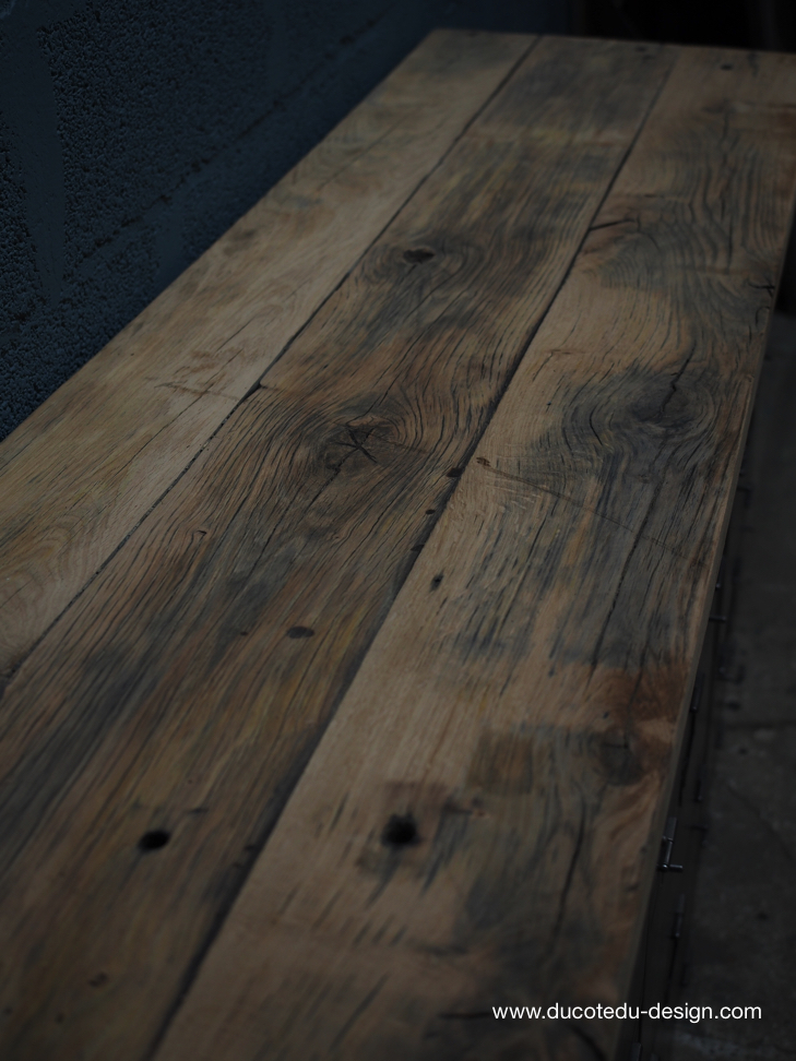 enfilade industrielle 9 compartiments atelier militaire plateau vieux chene massif – Image 12