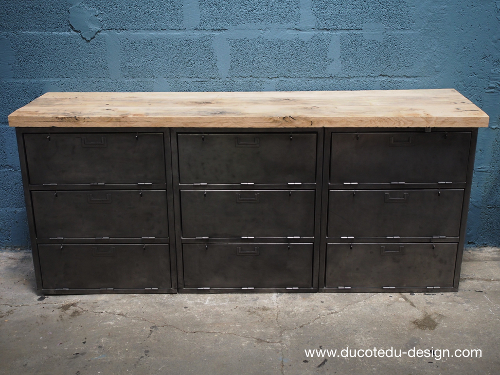 enfilade industrielle 9 compartiments atelier militaire plateau vieux chene massif – Image 16