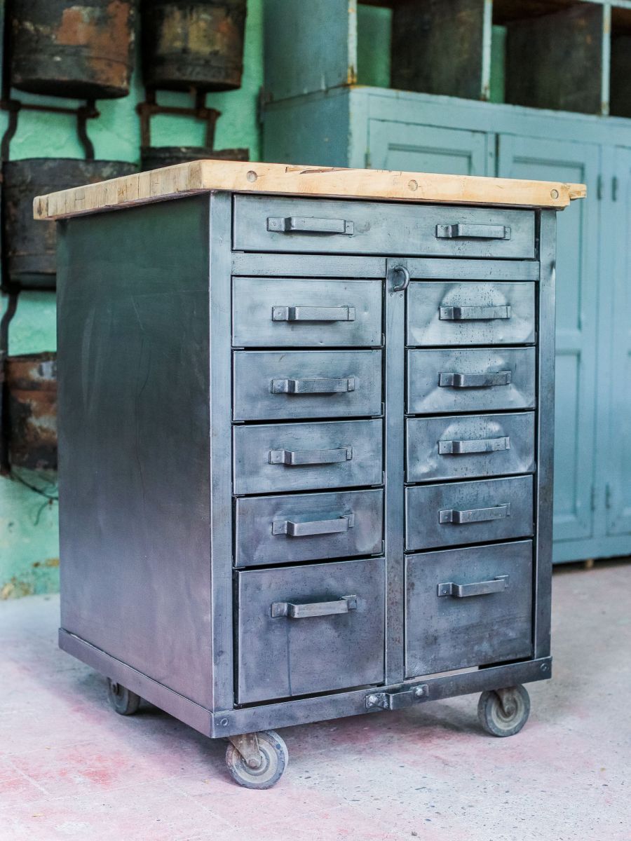 etabli d'atelier industriel metal 11 tiroirs plateau bois massif – Image 5