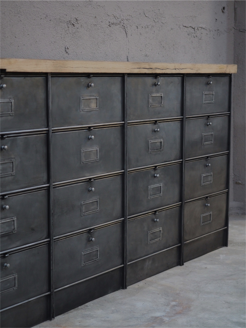 ancien meuble enfilade 16 casiers industriel a clapet roneo 1950 plateau chene massif – Image 8