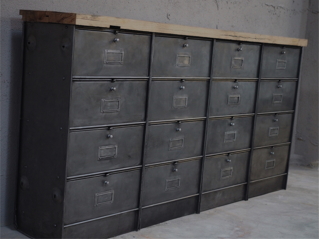 ancien meuble enfilade 16 casiers industriel a clapet roneo 1950 plateau chene massif – Image 9