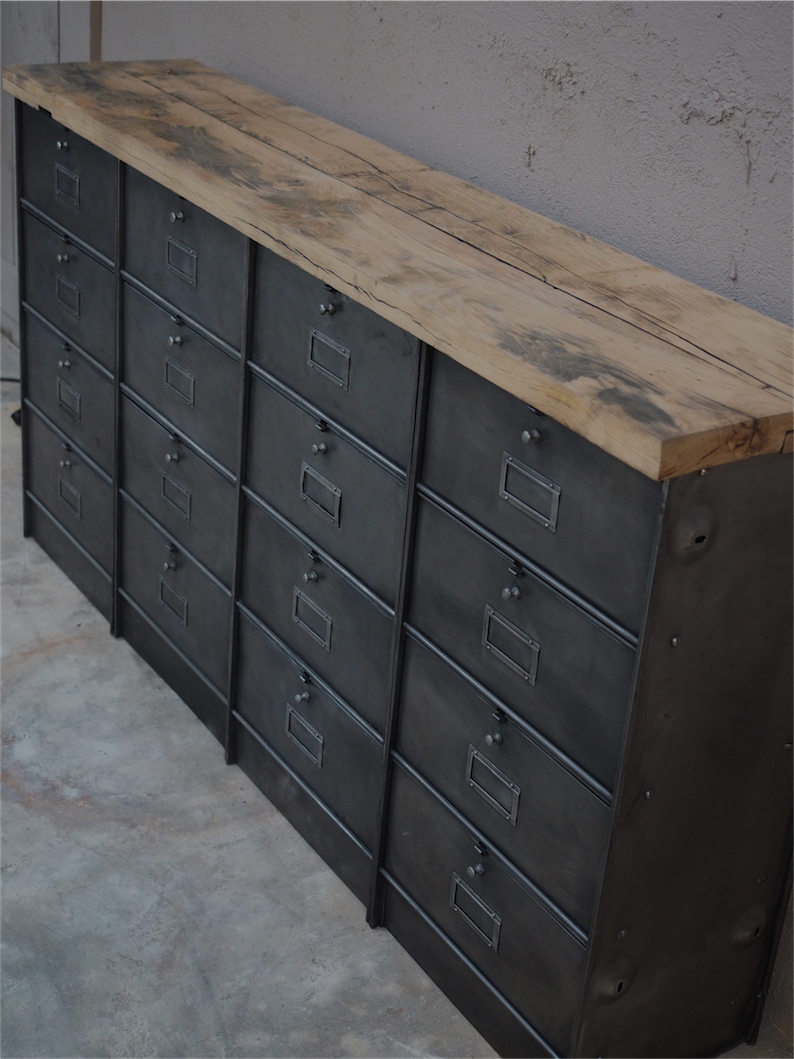 ancien meuble enfilade 16 casiers industriel a clapet roneo 1950 plateau chene massif – Image 12
