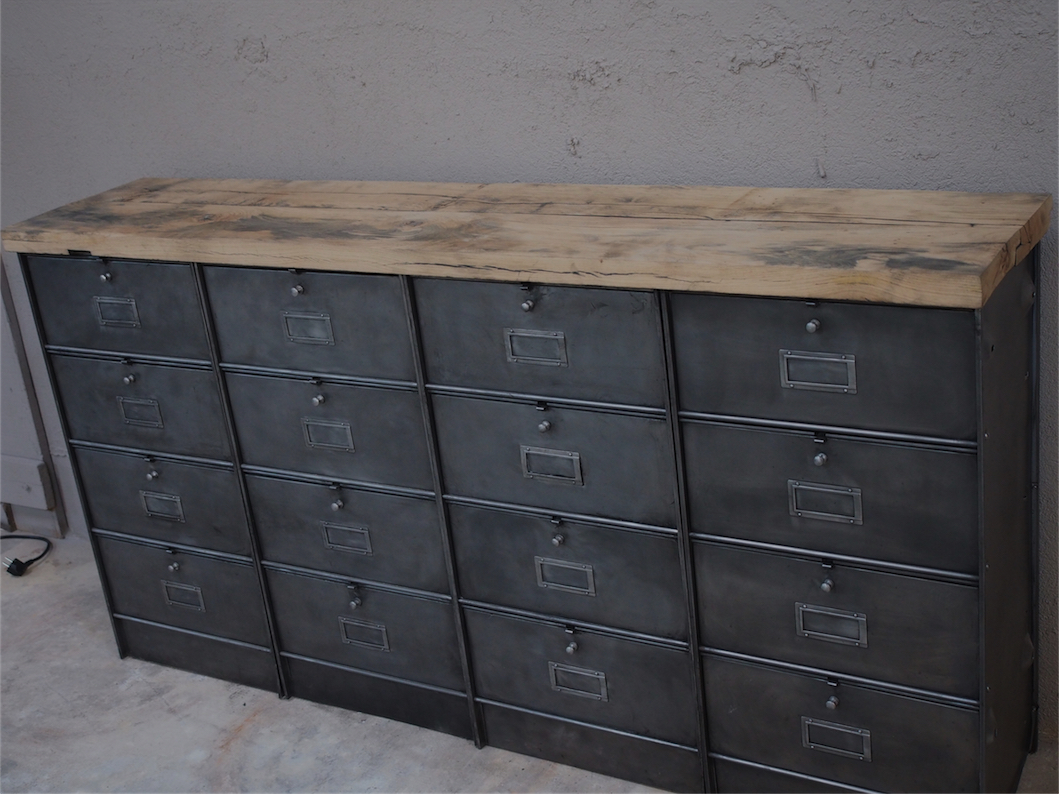 ancien meuble enfilade 16 casiers industriel a clapet roneo 1950 plateau chene massif – Image 13