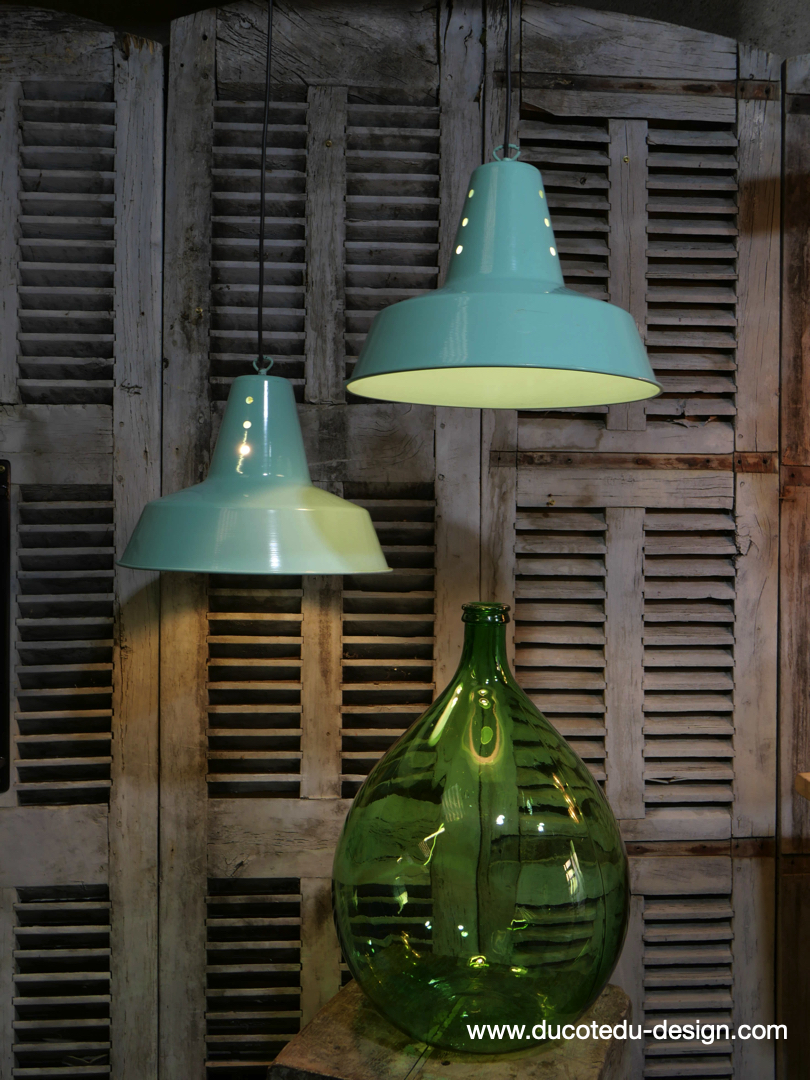 abat jour aluminium peint bleu vert lampe industrielle hangar – Image 5