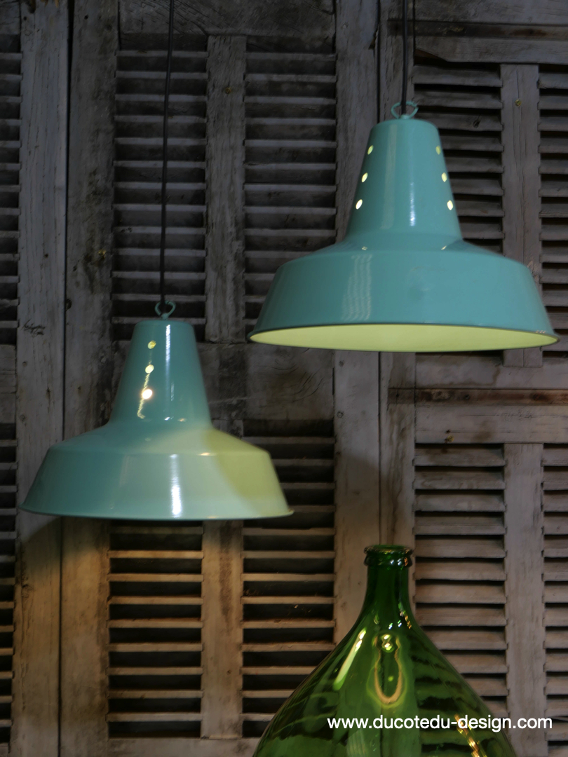 abat jour aluminium peint bleu vert lampe industrielle hangar – Image 2
