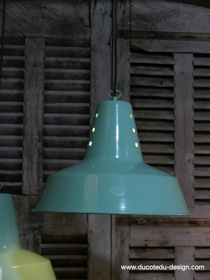abat jour aluminium peint bleu vert lampe industrielle hangar – Image 3
