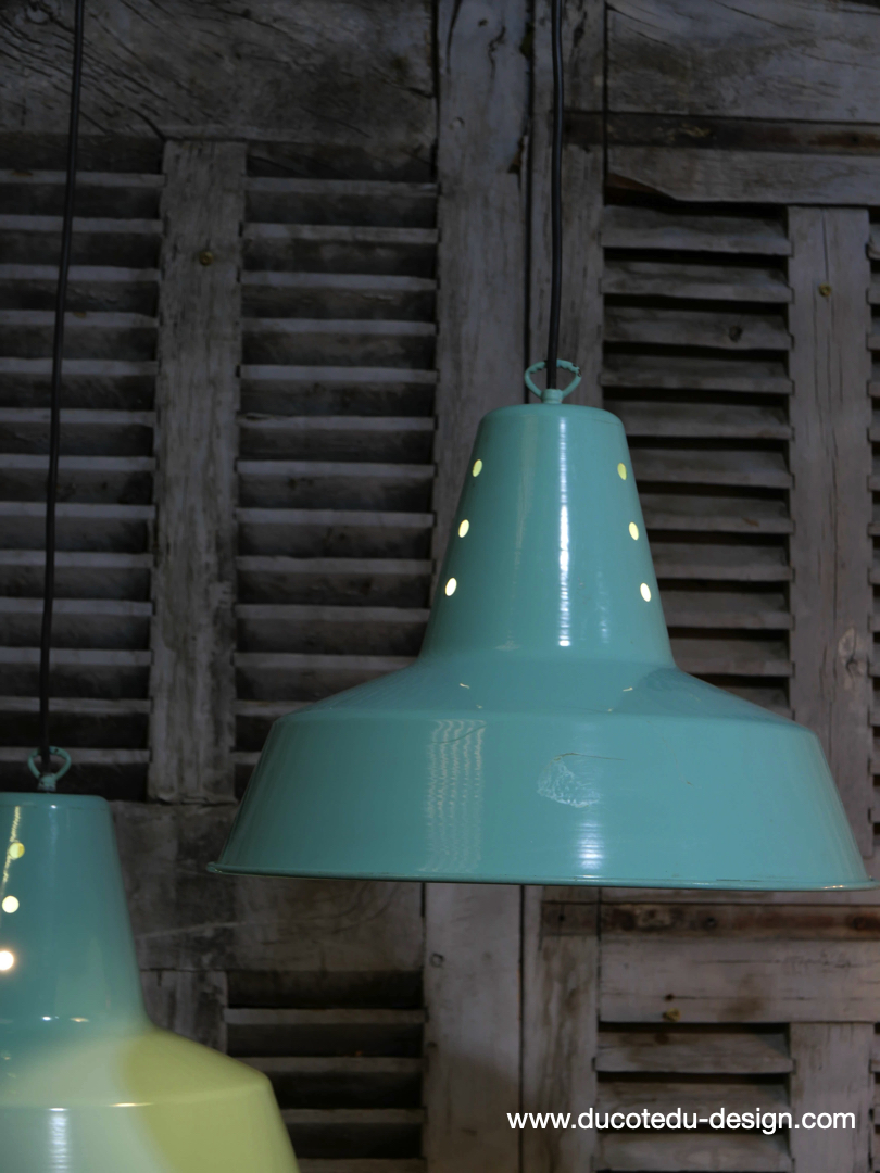 abat jour aluminium peint bleu vert lampe industrielle hangar – Image 4