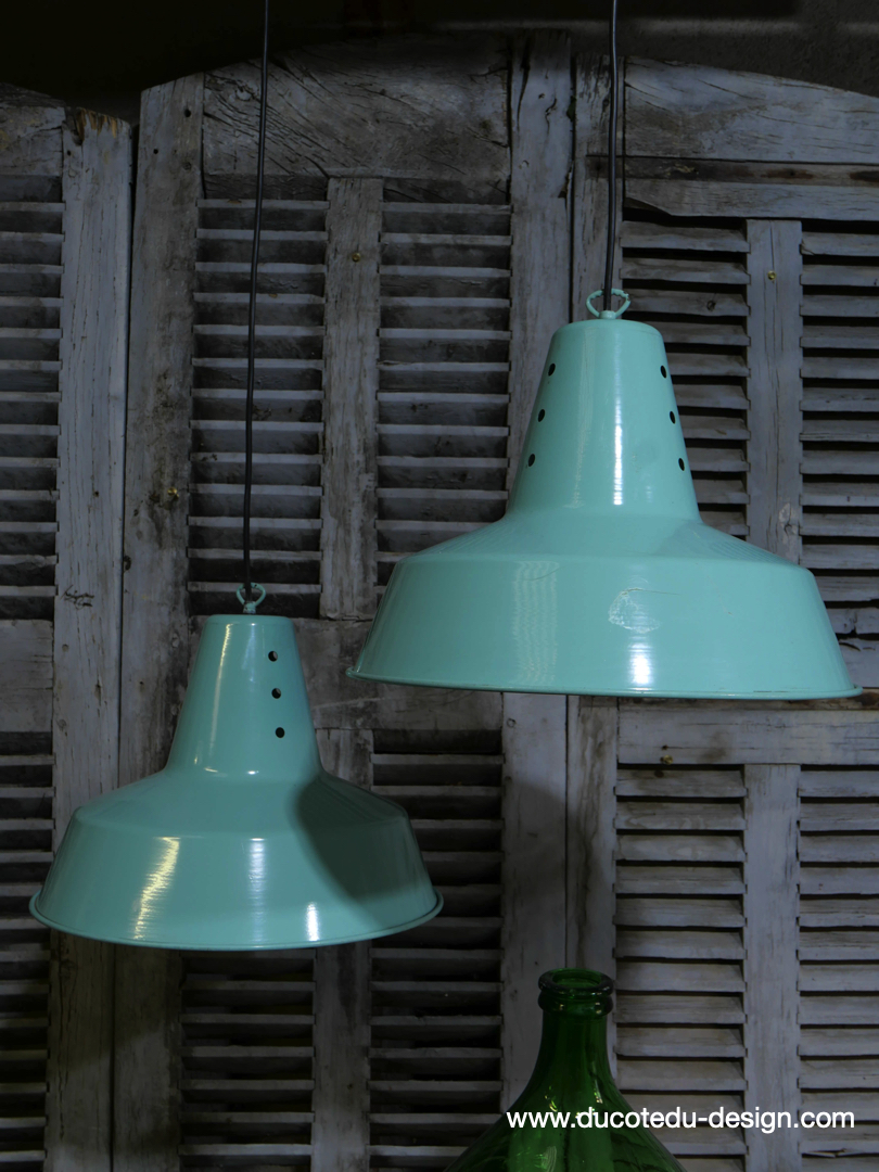 abat jour aluminium peint bleu vert lampe industrielle hangar – Image 10