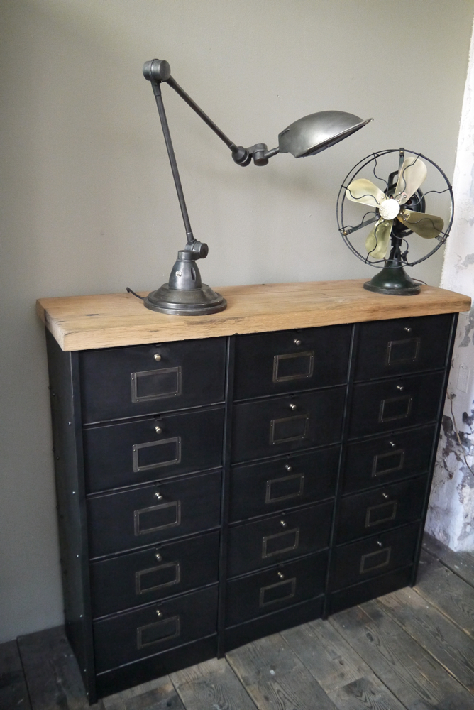 ancien meuble console 15 casiers industriel a clapet Roneo 1940 plateau chene massif – Image 13