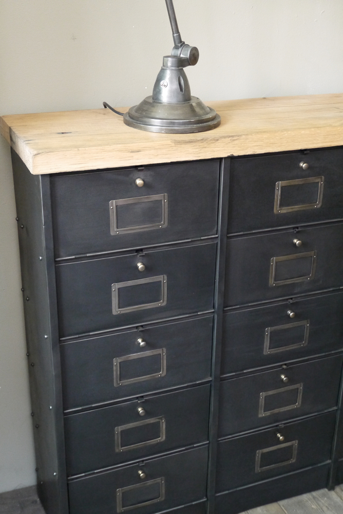 ancien meuble console 15 casiers industriel a clapet Roneo 1940 plateau chene massif – Image 5