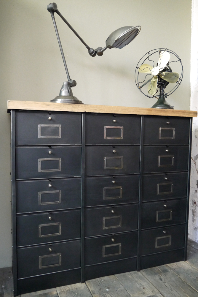ancien meuble console 15 casiers industriel a clapet Roneo 1940 plateau chene massif – Image 3