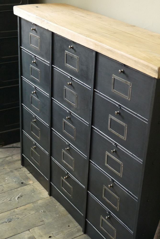 ancien meuble console 15 casiers industriel a clapet Roneo 1940 plateau chene massif – Image 12