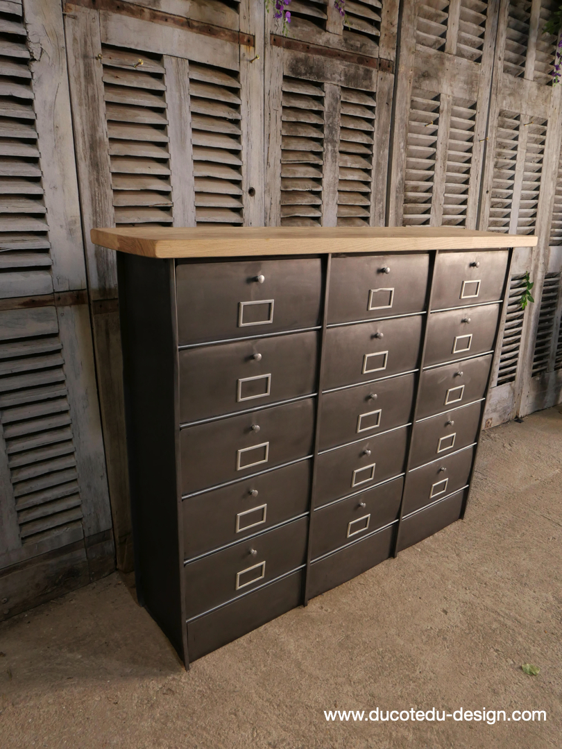 ancien grand meuble 12 casiers industriel strafor plateauchene massif – Image 6