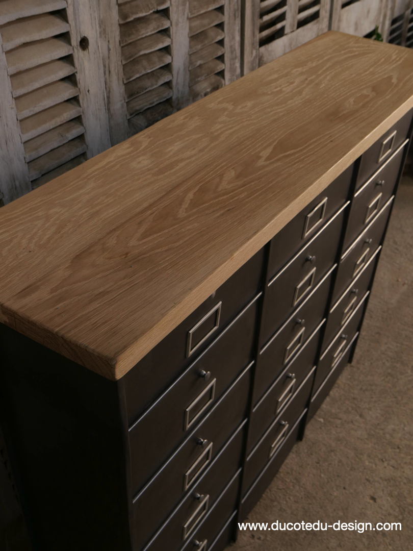 ancien grand meuble 12 casiers industriel strafor plateauchene massif – Image 12