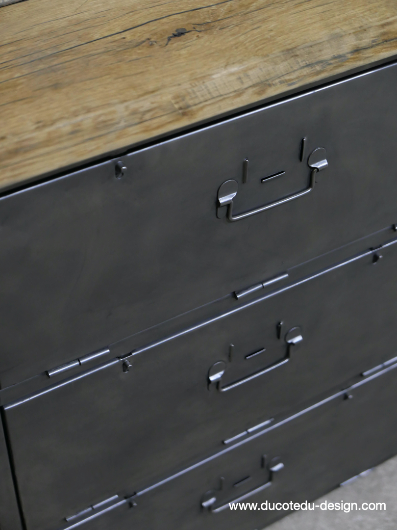 meuble industrielle 3 compartiments atelier militaire plateau vieux chene massif – Image 10