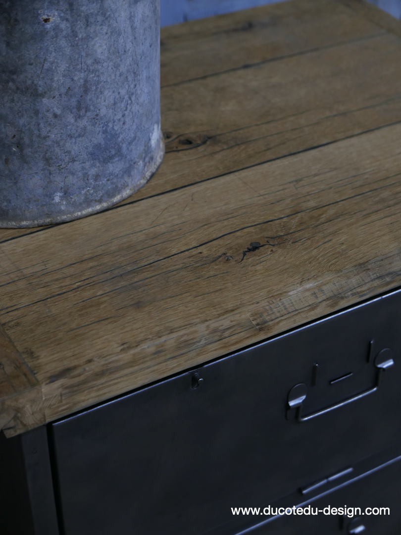 meuble industrielle 3 compartiments atelier militaire plateau vieux chene massif – Image 11
