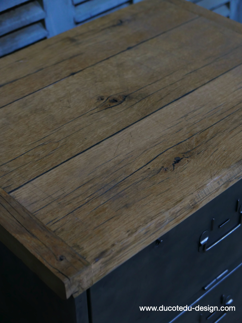 meuble industrielle 3 compartiments atelier militaire plateau vieux chene massif – Image 12