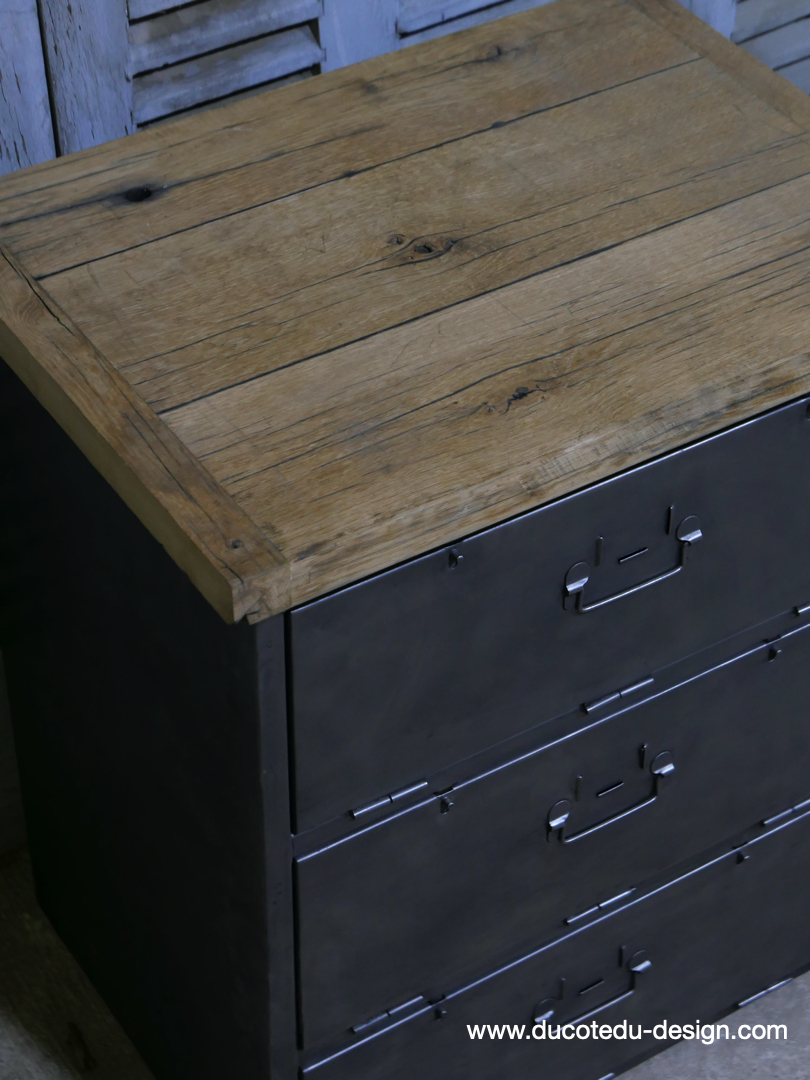 meuble industrielle 3 compartiments atelier militaire plateau vieux chene massif – Image 13