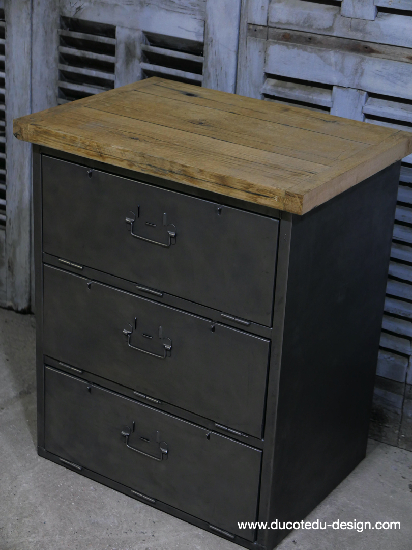 meuble industrielle 3 compartiments atelier militaire plateau vieux chene massif – Image 14
