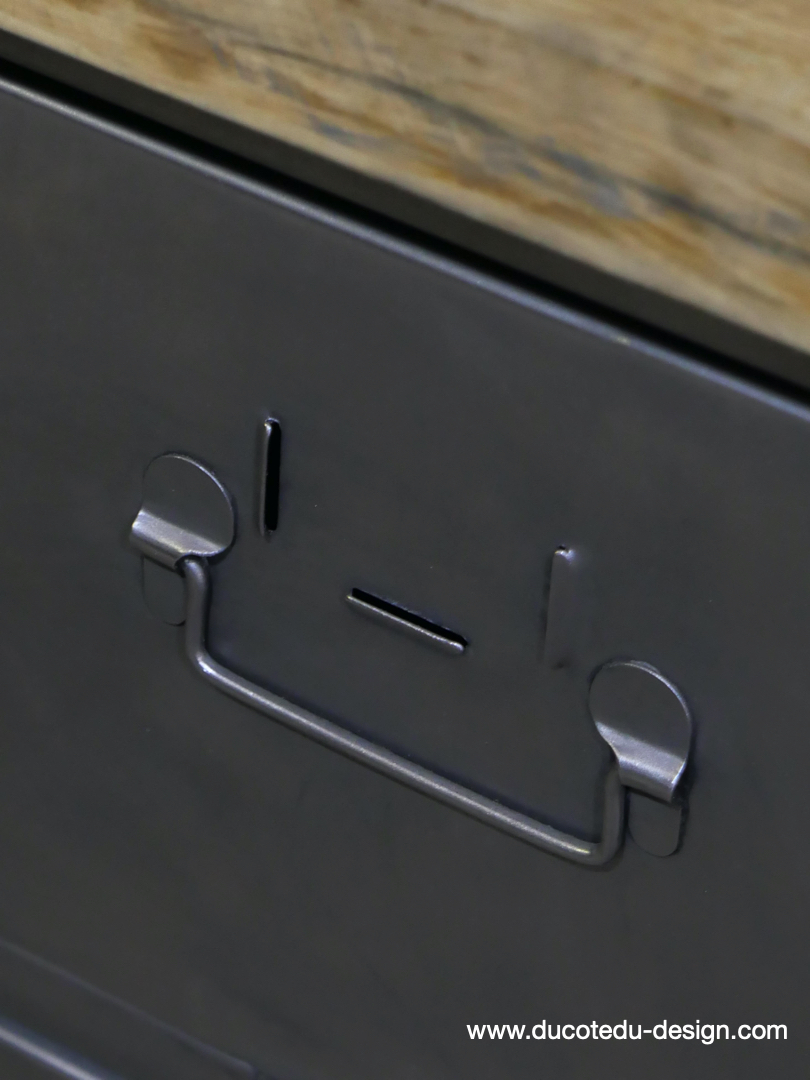 meuble industrielle 3 compartiments atelier militaire plateau vieux chene massif – Image 16