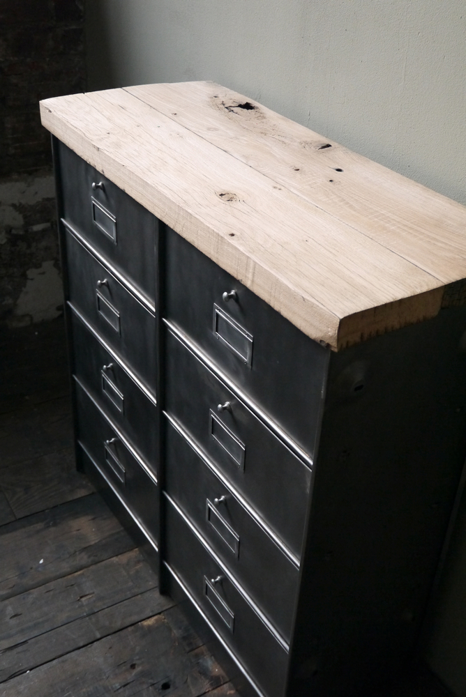 meuble console 8 casiers industriel clapet Roneo plateau chene massif – Image 3