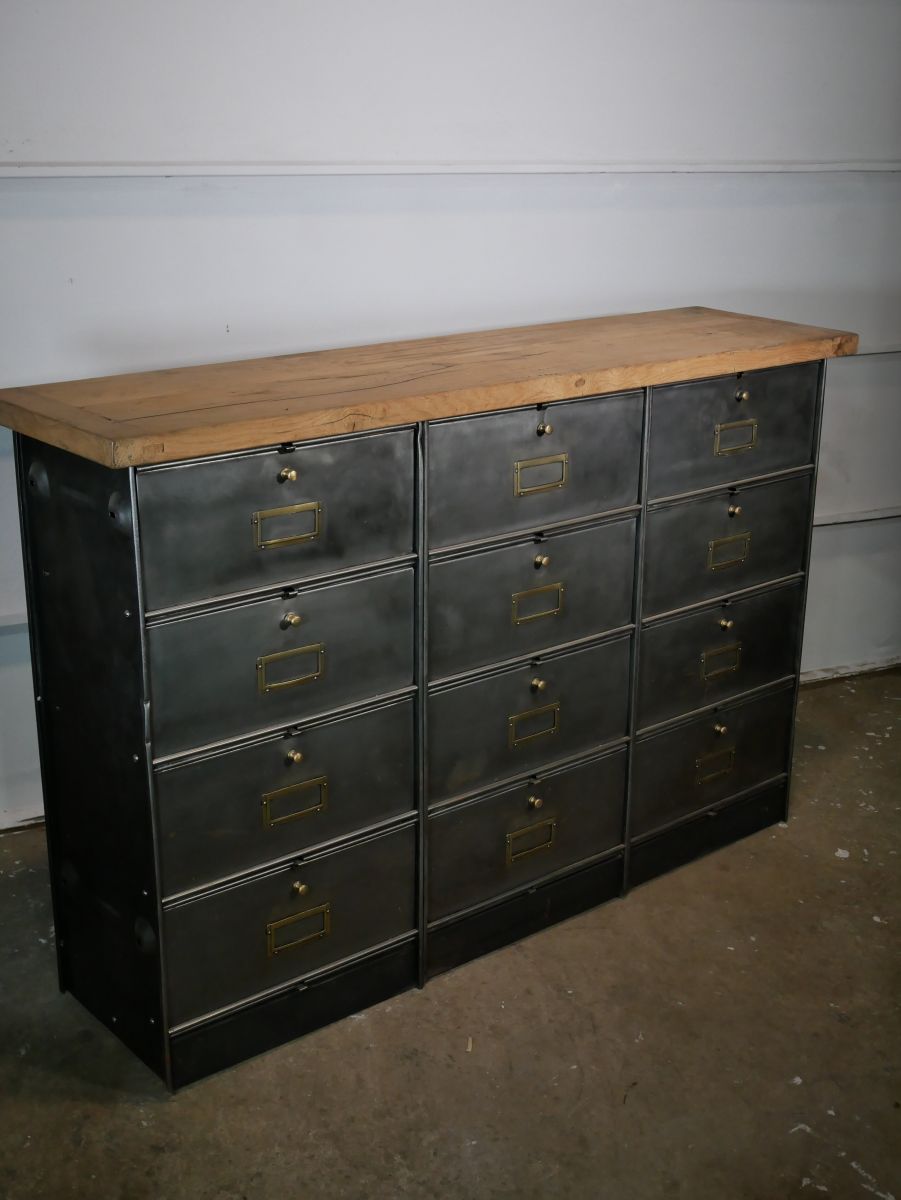 meuble console 12 casiers industriel clapet Roneo plateau chene massif – Image 2