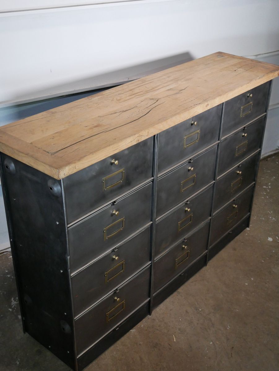 meuble console 12 casiers industriel clapet Roneo plateau chene massif – Image 5