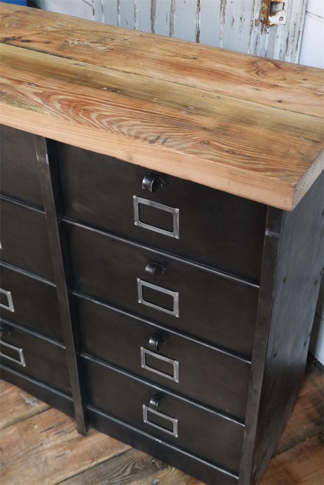 ancien grand meuble 15 casiers industriel strafor plateau pin massif – Image 12