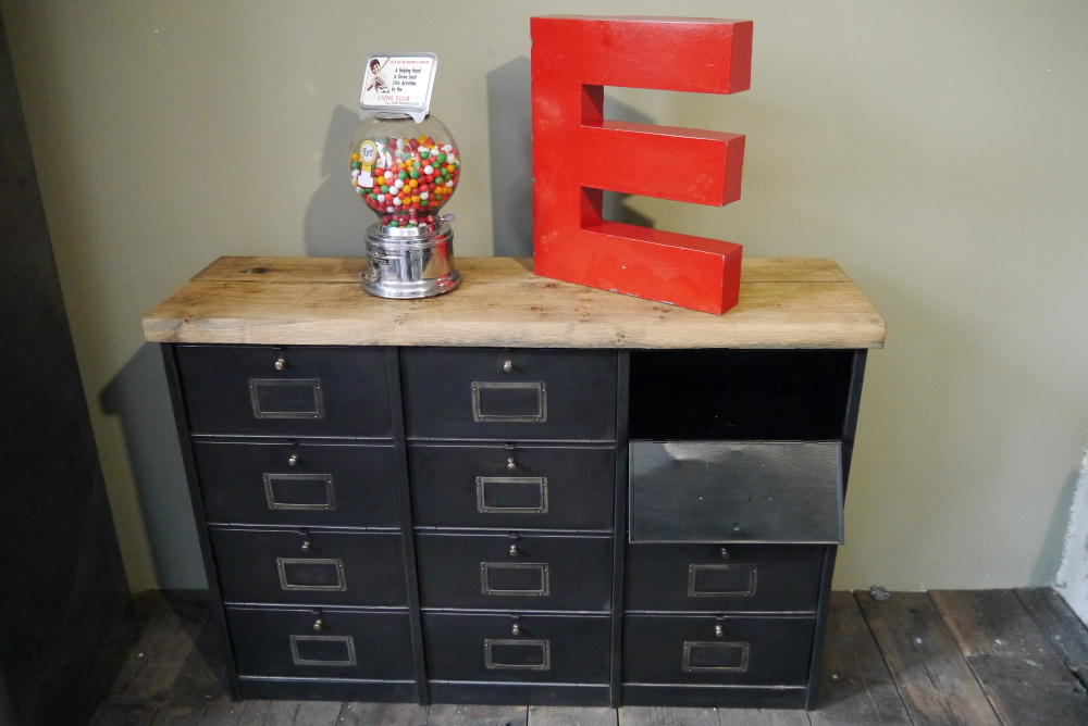 ancien meuble console 12 casiers industriel a clapet Roneo 1940 plateau chene massif – Image 14