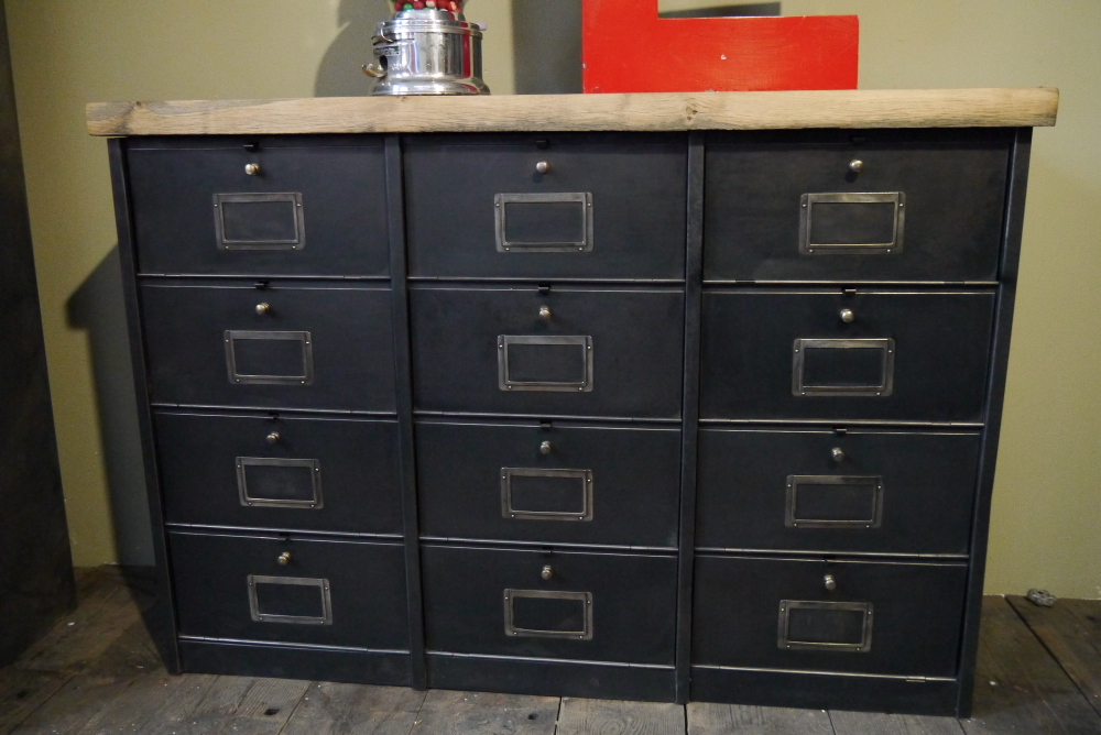 ancien meuble console 12 casiers industriel a clapet Roneo 1940 plateau chene massif – Image 4