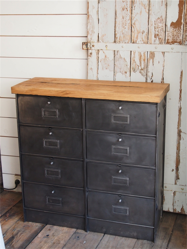 meuble console 8 casiers industriel clapet Roneo plateau chene massif – Image 10