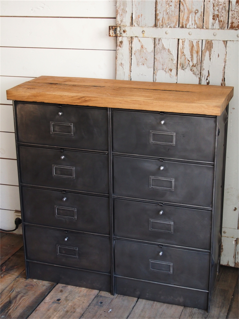 meuble console 8 casiers industriel clapet Roneo plateau chene massif – Image 2