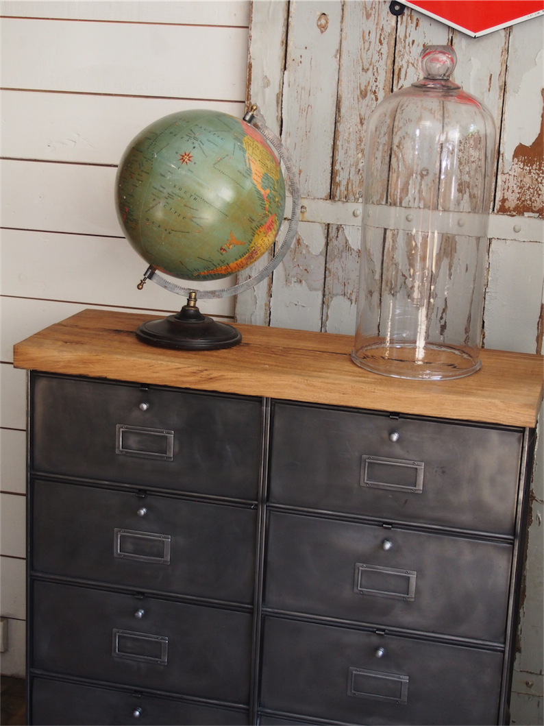 meuble console 8 casiers industriel clapet Roneo plateau chene massif – Image 9