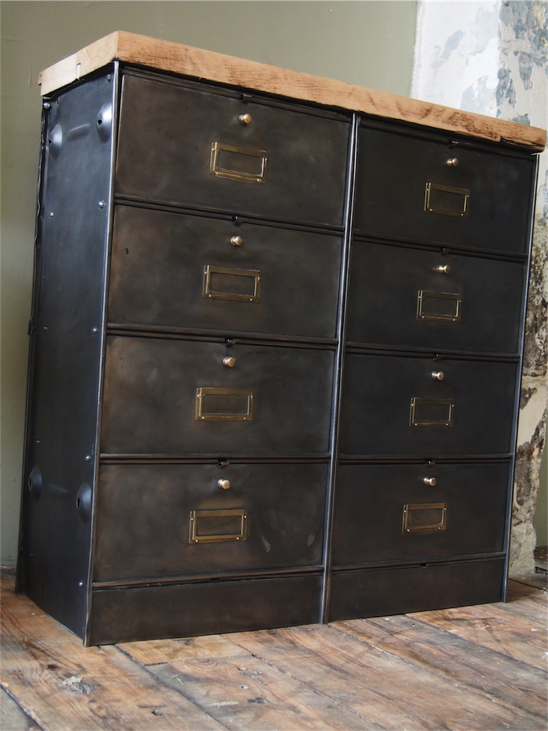 meuble console 8 casiers industriel clapet Roneo plateau chene massif – Image 3