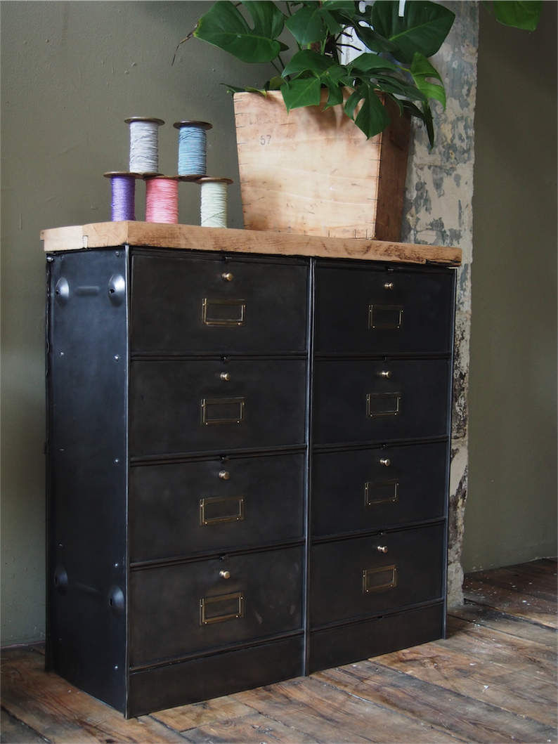 meuble console 8 casiers industriel clapet Roneo plateau chene massif – Image 2