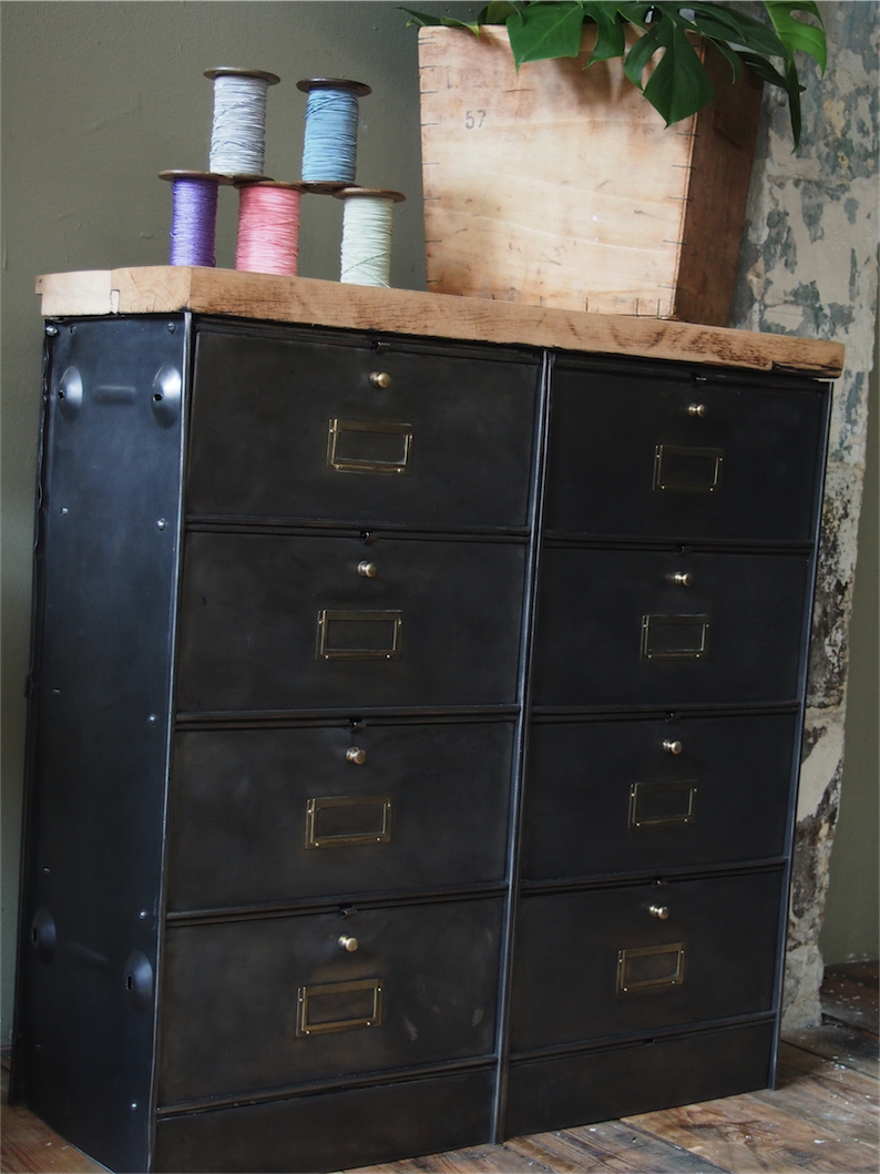 meuble console 8 casiers industriel clapet Roneo plateau chene massif – Image 8