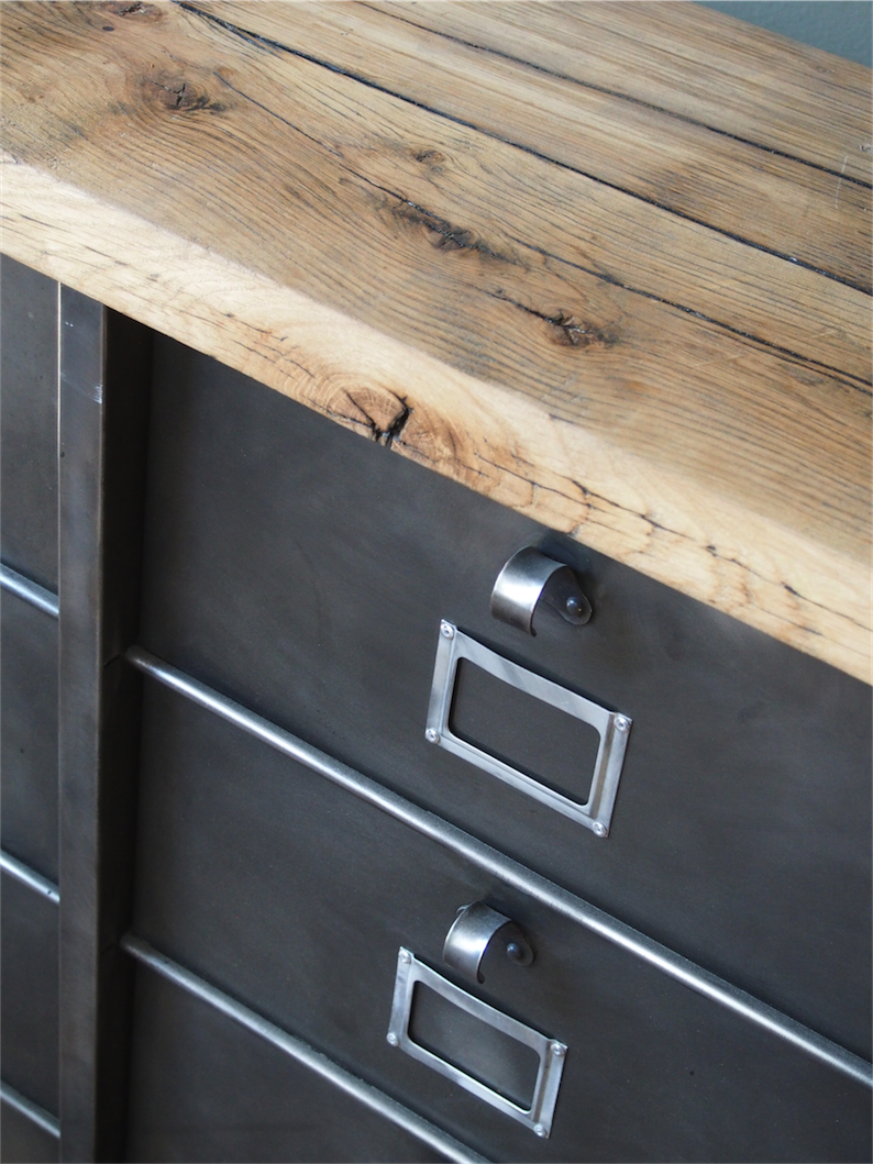 ancien grand meuble 15 casiers industriel strafor plateau chene massif – Image 6